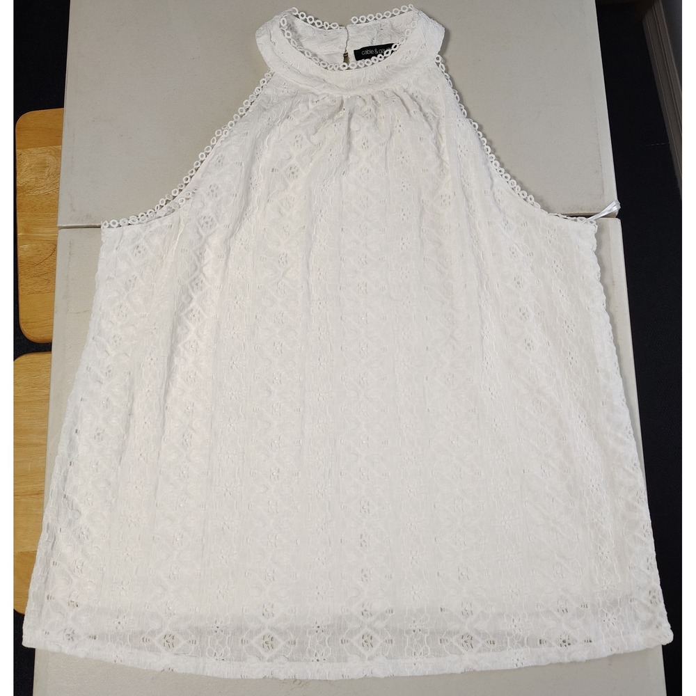 Cable & Gauge Womens L White Lace Halter Top Sleeveless High Neck Lined Blouse